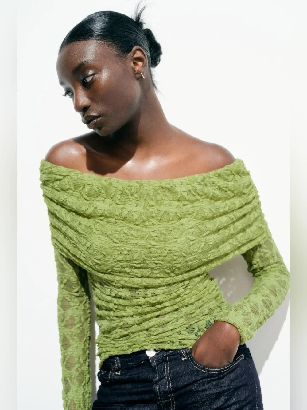 Zara Lace Top With Open Shoulders Translucent Square Neckline Pistachio Green
